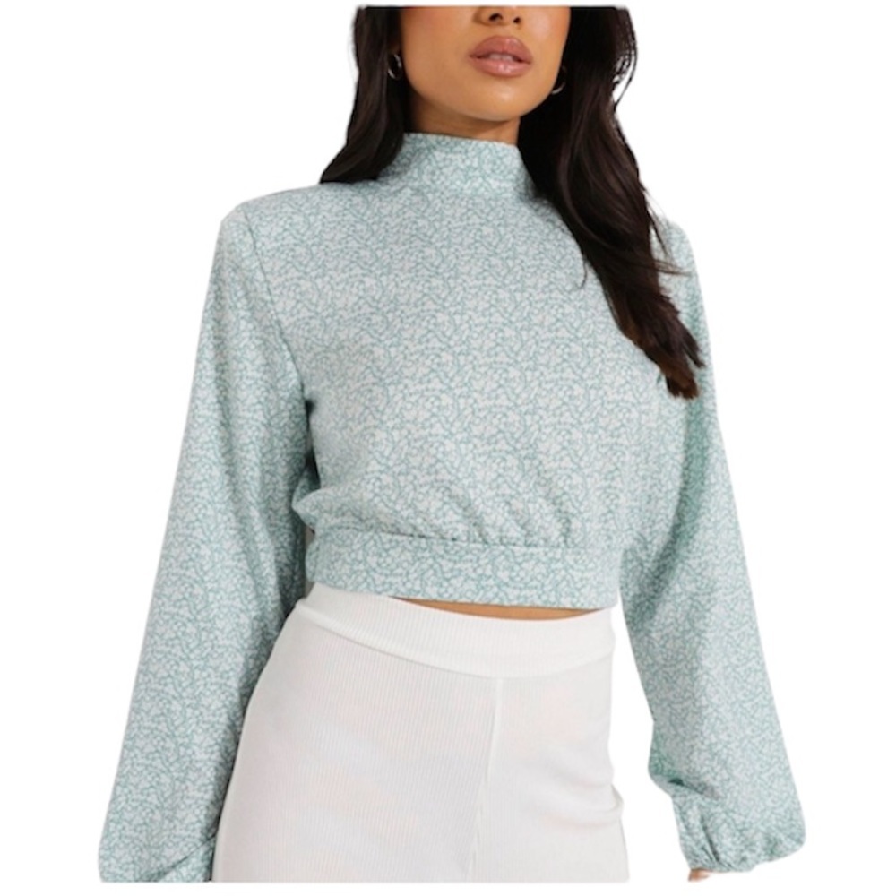 PETITE DITSY HIGH NECK SHOULDER PAD BLOUSE